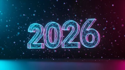 Neon glowing wireframe 2026 text with futuristic particles on a dark background, representing the new year, technology, and innovation.