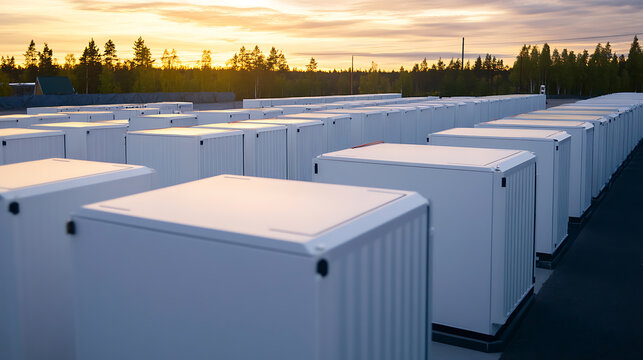 Rows of white modular units stand against a sunset backdrop. These units, possibly energy storage solutions, offer clean power to the surrounding area and enable grid stabilization.
