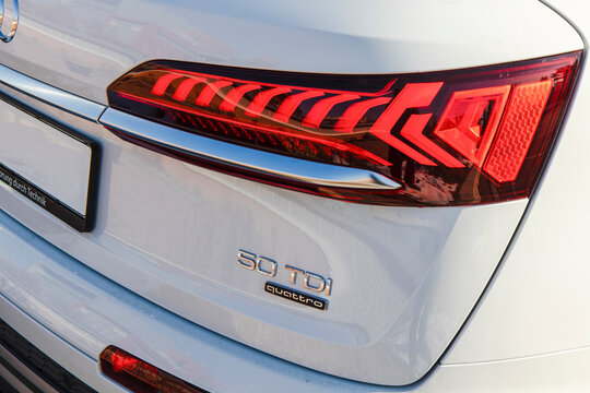 December 18, 2020, Seoul, South Korea - A close-up of the rear taillight and emblems of a white Audi Q7 50 TDI Quattro car.