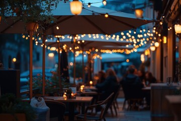Cozy outdoor dining under string lights in an evening setting in a charming urban area