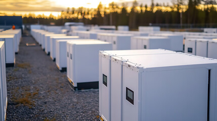 A landscape view showcases a large array of white, modular energy storage units, bathed in the soft glow of the setting sun, promising sustainable power solutions.