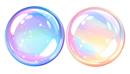 Two spherical, translucent orbs with iridescent sheen, highlighting light reflection