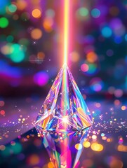 Vibrant Light Beam Illuminating a Colorful Prism with Bokeh Glow and Sparkling Reflections.