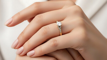 Advertising photo of a woman&rsquo;s finger wearing a new gold ring with diamond design, showcasing luxury jewelry craftsmanship. Ideal for gold market promotion, branding, and commercial use.