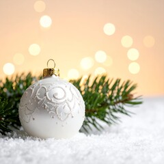 White Christmas Ornament with Pine Branch and Bokeh Lights.