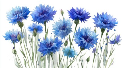 Watercolor illustration showcases vibrant, clustered blue cornflowers with delicate petals, lush green stems, and buds against a bright white background