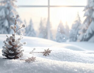 Winter wonderland scene with snow-covered pinecone and star anise on a snowy surface, with a blurred background of a window looking out onto a snowy forest at sunrise.