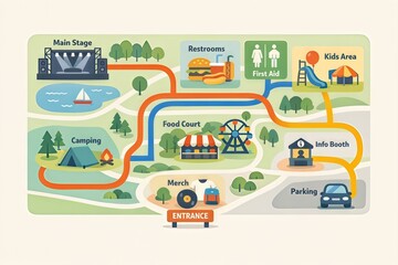 Comprehensive festival site map illustrating key locations such as main stage, food court, restrooms, first aid station, and camping area designed for seamless navigation and accessibility