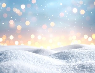 Winter wonderland with sparkling bokeh lights and fresh snow, perfect for holiday backgrounds and festive designs.
