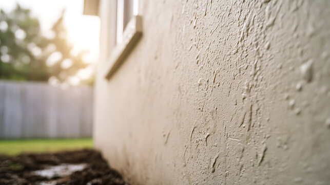 Textured wall catches the sunlight, highlighting its imperfections and rugged surface, evoking a sense of rustic charm and tactile appeal against a soft background.
