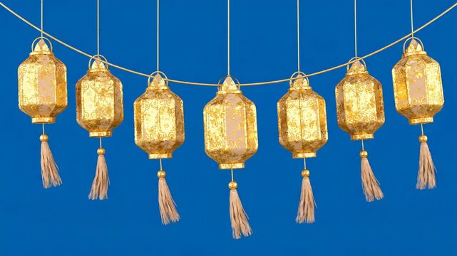 String of Golden Arabic Lanterns Hanging with Tassels Loop on Blue Background, Luxury Ramadan Decoration Border.