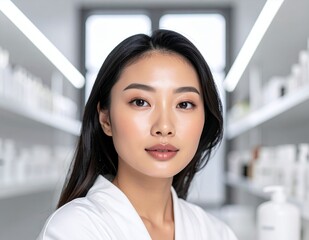 Young Asian female pharmacist in white coat standing in a modern pharmacy aisle.