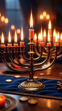 Golden menorah with burning candles glowing on a blue table runner in a cinematic atmosphere, symbolizing the Jewish Hanukkah festival of lights.