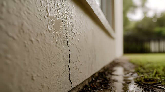 Close-up of a cracked wall with water damage after rain. The crack runs vertically down the wall, and water droplets are visible on the surface. Exterior shows signs of weathering and wear.