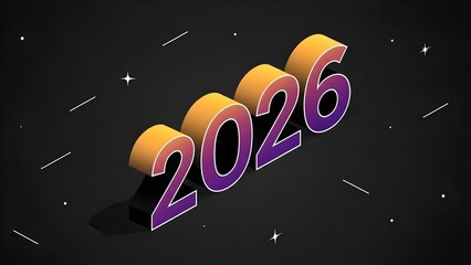 Modern 3D isometric text 2026 with vibrant gradient colors on a dark background, symbolizing the New Year, future, and upcoming events, perfect for graphic design.