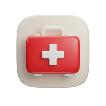 Detailed 3d render of a red first aid kit inside a rounded square on transparent background