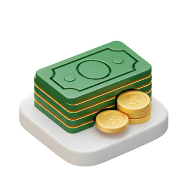 A stack of green money with gold coins a 3d graphic on transparent background