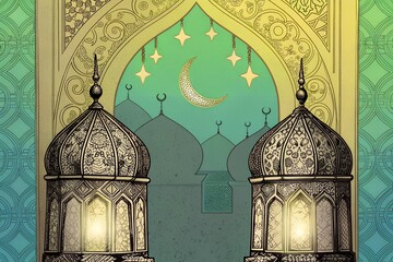 Moonlit Mosque and Glowing Lanterns