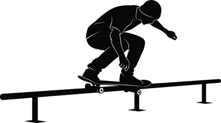 Skateboarder silhouette vector, rail trick pose, black illustration, extreme sport action, dynamic movement, urban style, balance skill, youth energy