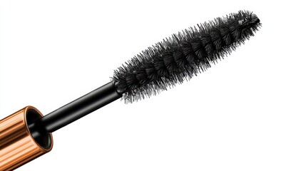 Close-up of a mascara wand with black bristles and a golden-bronze handle against a white background
