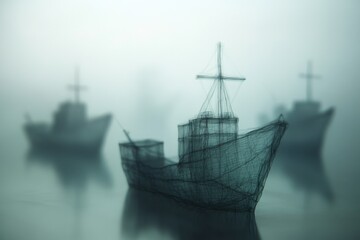 Fog envelops fishing boats silhouetted against a serene water backdrop at dawn