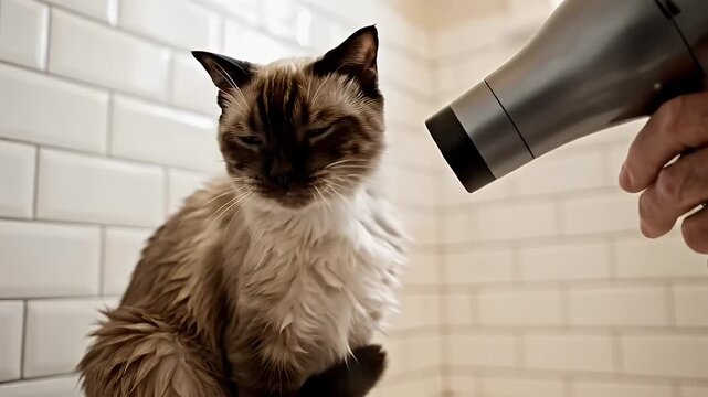 Cute Siamese cat getting blow-dried after a bath, looking displeased and wet in a white tiled bathroom.