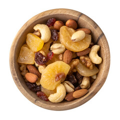 All fry fruit nuts in wooden bowl isolated on transparent background