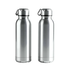 Two shiny metal water bottles with silver caps and small looped handles against a black background