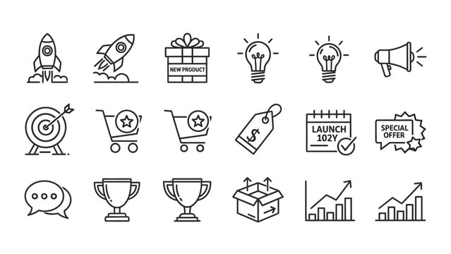 Collection of business and marketing line icons for websites and presentations.