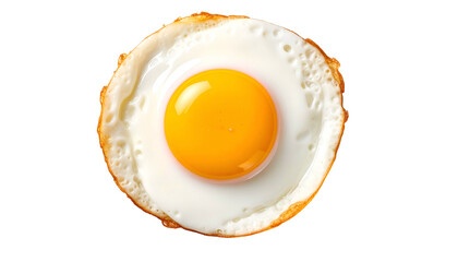 Overhead view of a fried egg, yolk centered, white firm and slightly browned edges on black