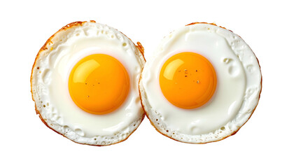 Two perfectly cooked sunny-side-up eggs with bright orange yolks and crispy whites against black
