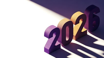 Colorful 3D render of the year 2026 with dramatic shadows on a white background, symbolizing new beginnings, future planning, and upcoming events.