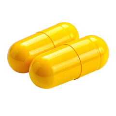 Two bright yellow oblong pills, pharmaceutical capsules with banded segments, isolated on black