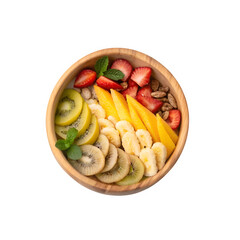 All fry fruit nuts in wooden bowl isolated on transparent background