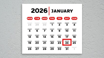 The date January 24th marked with a red cursor on the wall calendar 2026