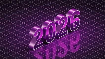 3D Render of 2026 in Shiny Purple Metallic Numbers on a Futuristic Grid Background with Reflection, Representing New Year, Future Planning, and Modern Technology