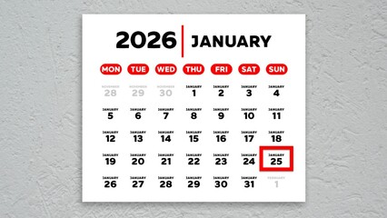 The date January 25th marked with a red cursor on the wall calendar 2026