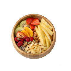 All fry fruit nuts in wooden bowl isolated on transparent background