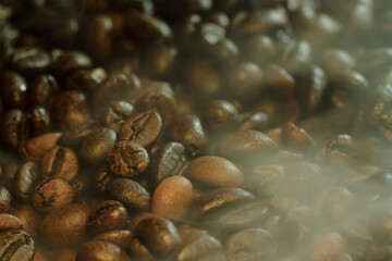 Roasted Coffee Beans with Steam and Haze Background