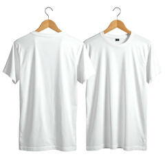 Two plain white t-shirts, front and back views, hanging on wooden hangers against black