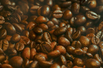 Roasted Coffee Beans with Steam and Haze Background