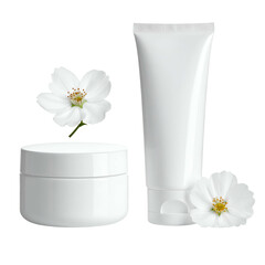 White cosmetic jars and a tube with white flowers against a transparent backdrop