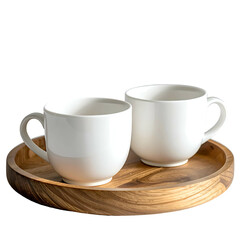 Two white ceramic mugs sit on a wooden tray against a black backdrop