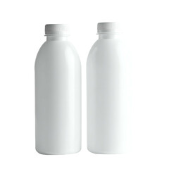 Two identical tall, white plastic bottles with white caps against a transparent background