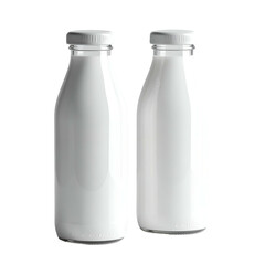 Two glass bottles of white liquid, likely dairy, against a stark background