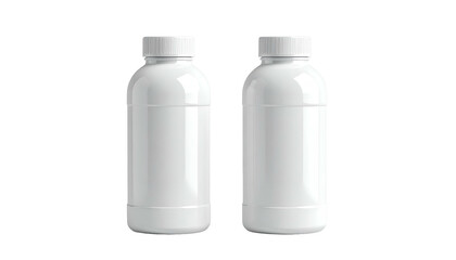 Two identical, glossy white plastic bottles with white screw-on caps, isolated on black