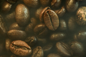 Roasted Coffee Beans with Steam and Haze Background