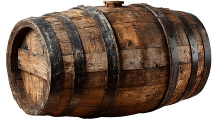 A weathered wooden barrel with dark metal hoops, isolated on white background, showcasing grain, details, and age