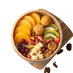 All fry fruit nuts in wooden bowl isolated on transparent background