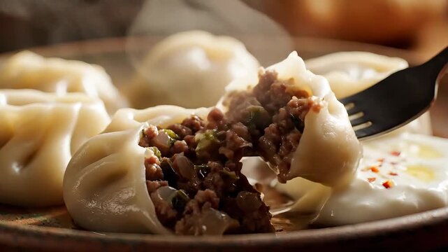A closeup shot captures a fork piercing a freshly steamed hot momo revealing its rich and savory meat and vegetable filling highlighting the deliciousness of this traditional Asian dumpling dish serv.